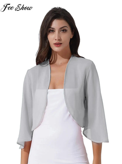 Women 3/4 Sleeve Chiffon Cardigan Bolero Shawls Outerwear Wedding Bridal Party Dress Wraps Beach Vacation Cover Ups Soft Cape