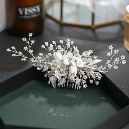 Handmade Pearl Flower Bridal Hair Comb – Silver Crystal Wedding Clip