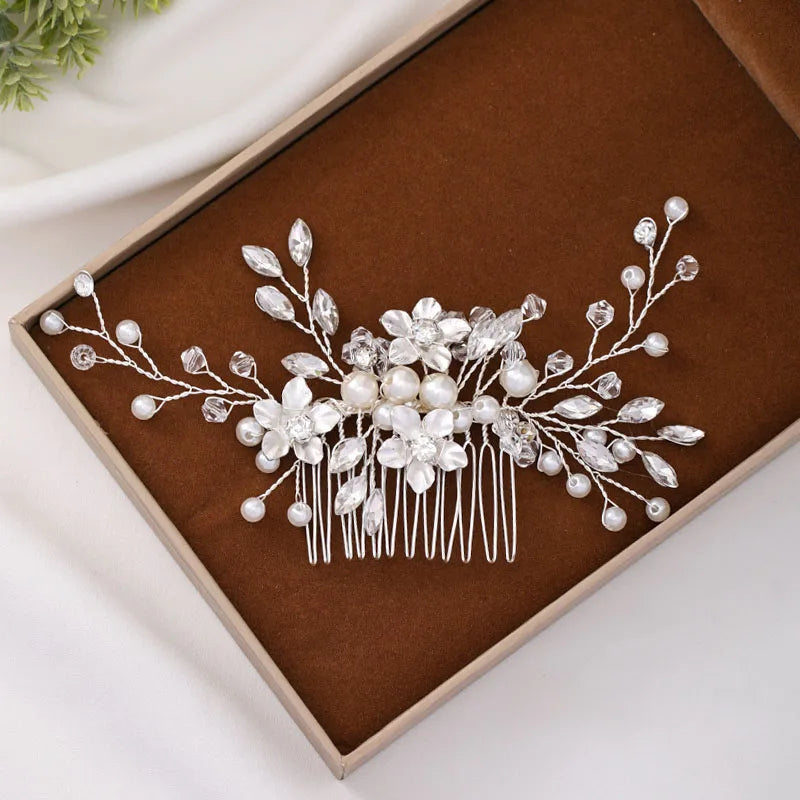 Handmade Pearl Flower Bridal Hair Comb – Silver Crystal Wedding Clip