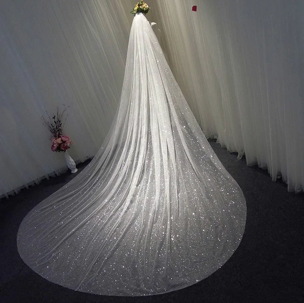 Grand 3.5m Sparkly Sequined Cathedral Wedding Veil with Comb | Premium White & Champagne Bridal Shimmer Veil