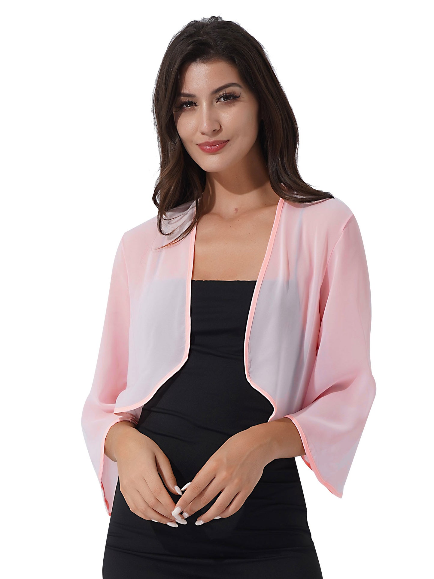 Women 3/4 Sleeve Chiffon Cardigan Bolero Shawls Outerwear Wedding Bridal Party Dress Wraps Beach Vacation Cover Ups Soft Cape