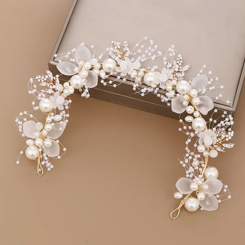 Pearl Flower Crown Headband – Boho Bridal Crystal Headpiece