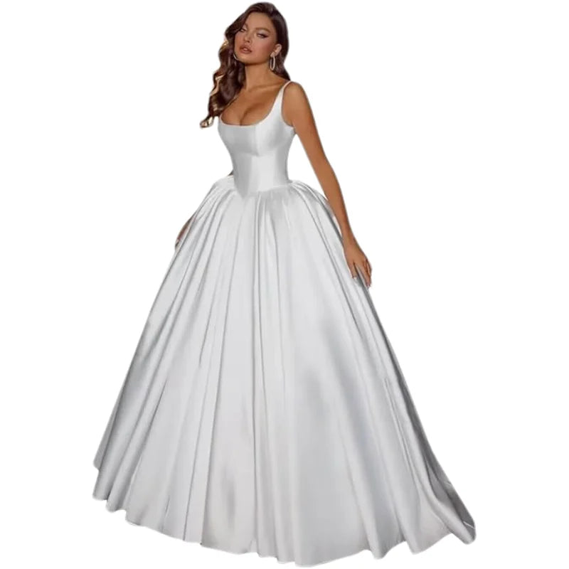 Elegant A-Line Satin Wedding Dress | Square Neckline | Lace Up Back | Floor Length Bridal Gown