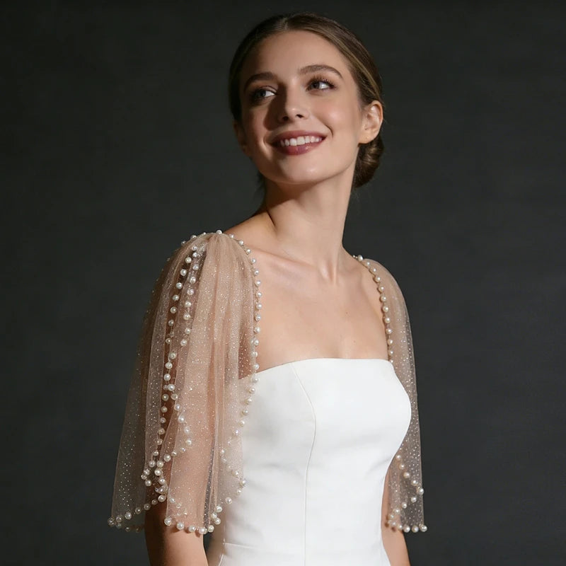 Pearl-Embellished Tulle Bridal Shoulder Cape & Oversleeves