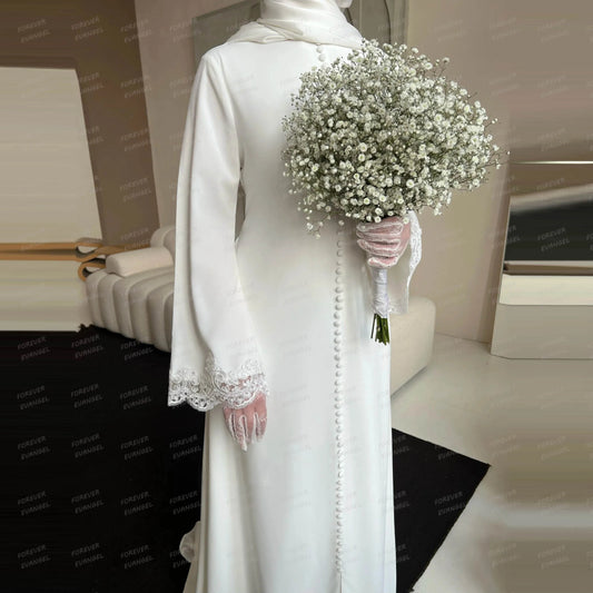 Simple Elegant Wedding Dresses A Line Woman's Formal Lace Long Sleeve Bride Gowns Button Sweep Train Customized Vestido De Novia