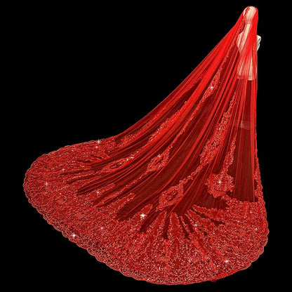 Saudi Arabia Red Wedding Veil 3.5m Long Bridal Veils 2026 Latest Tulle with Floral Applique