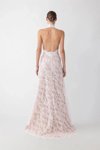 Tokyo Customized White Halter Neck Wedding Dresses Sleeveless Side High Split Backless Bridal Gown Elegant A-Line Wedding Gown
