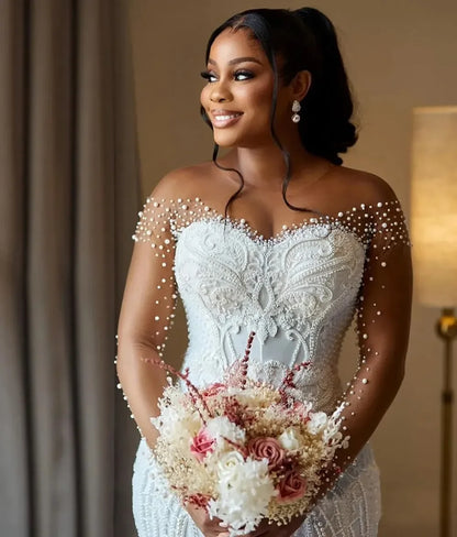 Customized 2026 Women's Mermaid Wedding Dress Bridal Dress Naked Neck Phantom Long Sleeve Beaded Lace Wedding Dress Back Button