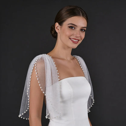 Pearl-Embellished Tulle Bridal Shoulder Cape & Oversleeves