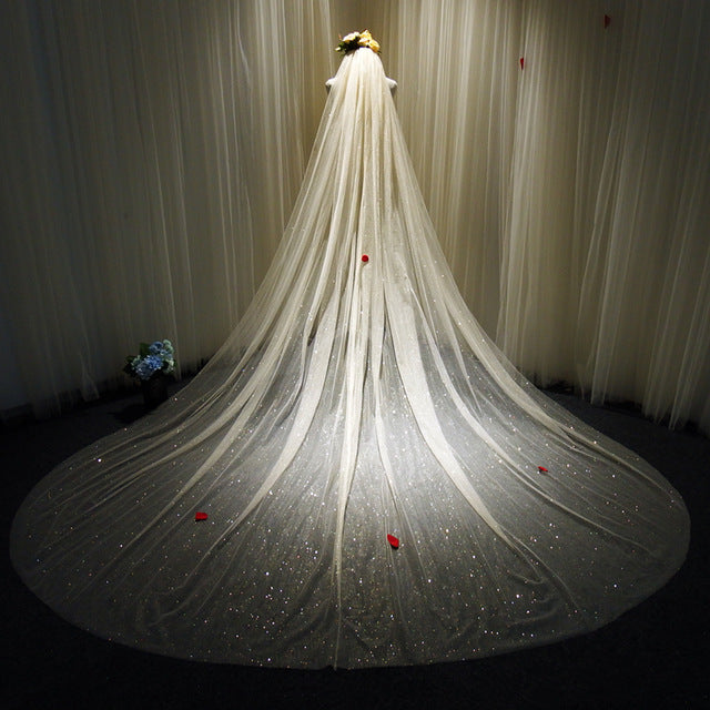 Grand 3.5m Sparkly Sequined Cathedral Wedding Veil with Comb | Premium White & Champagne Bridal Shimmer Veil