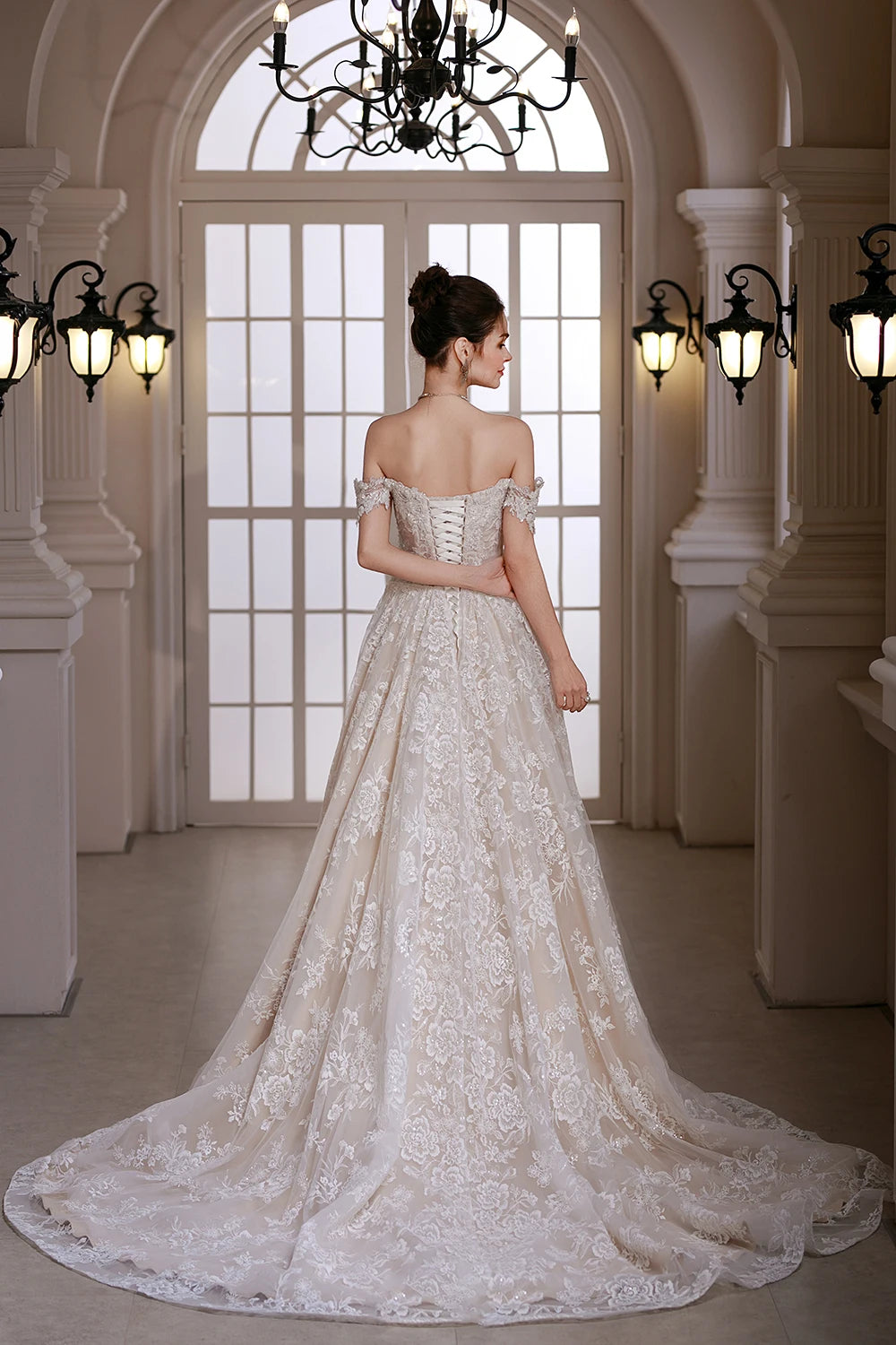 Vintage Off-Shoulder Beaded A-Line Wedding Dress with Court Train