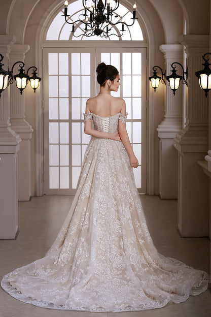 Vintage Off-Shoulder Beaded A-Line Wedding Dress with Court Train