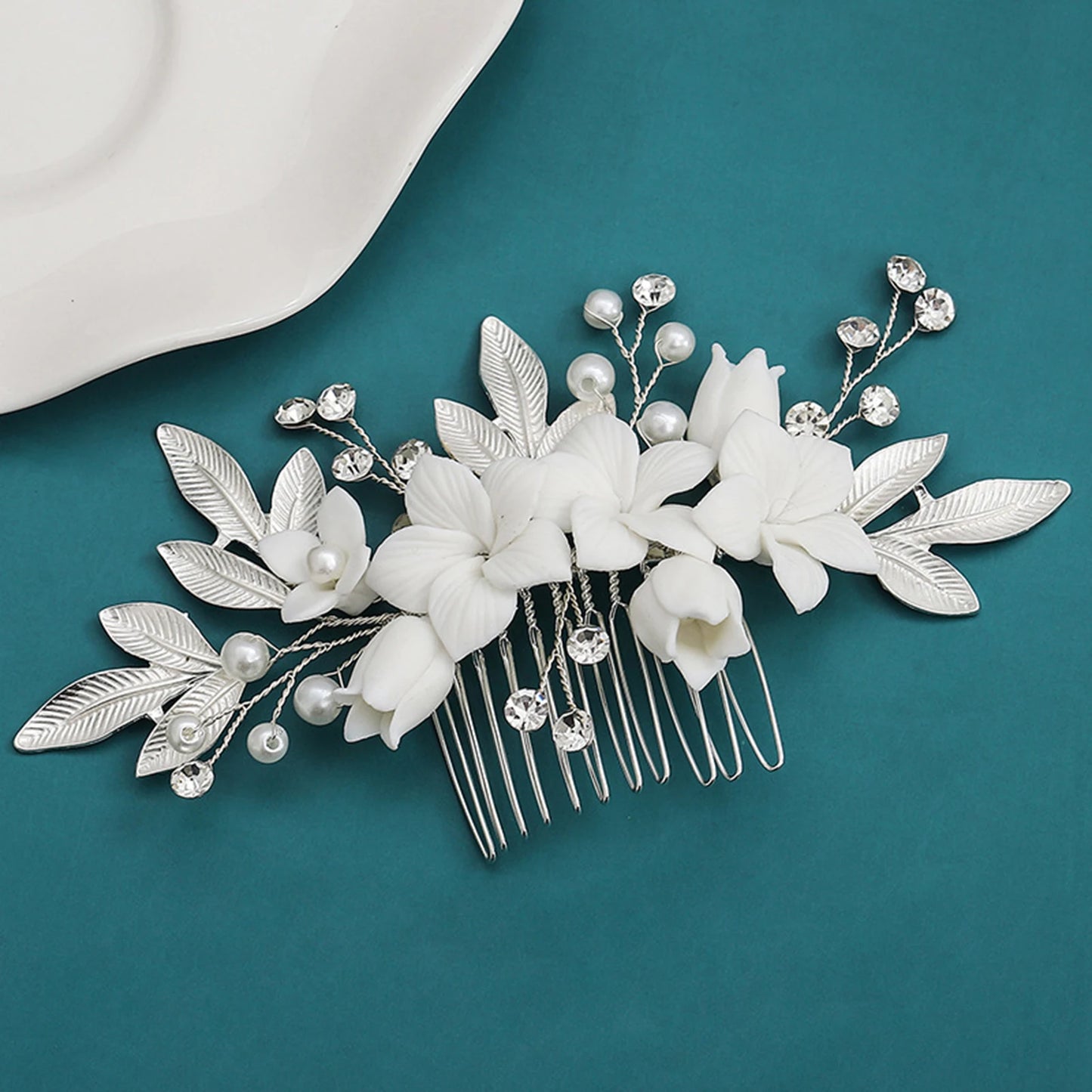 Handmade Pearl Flower Bridal Hair Comb – Silver Crystal Wedding Clip
