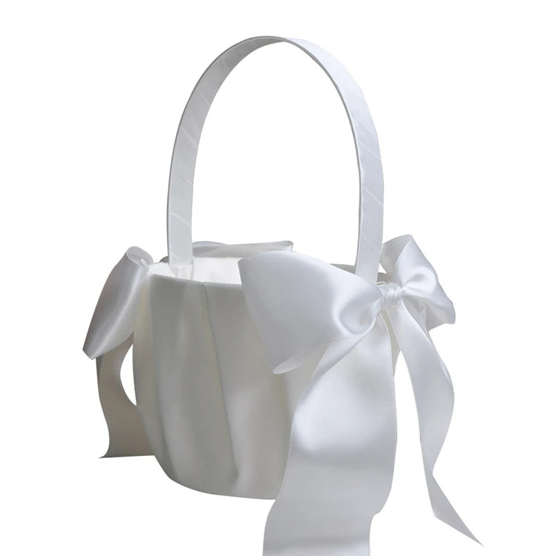 White Flower Girl Basket with Pearl Handle | Wedding Ceremony Accessories