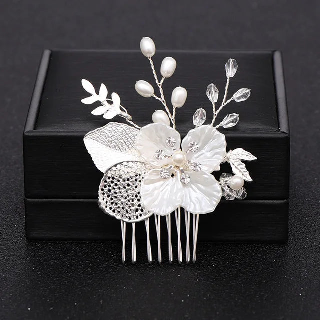 Handmade Pearl Flower Bridal Hair Comb – Silver Crystal Wedding Clip
