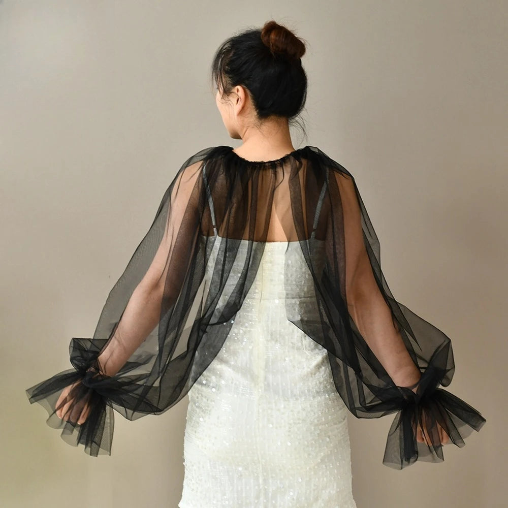 Attached-Sleeve Bridal Shawl with Flared Cuffs Wedding Bolero Sexy Wear Wedding Accessories Wedding Props Marriage Evening Party