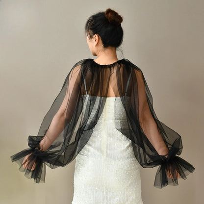 Attached-Sleeve Bridal Shawl with Flared Cuffs Wedding Bolero Sexy Wear Wedding Accessories Wedding Props Marriage Evening Party