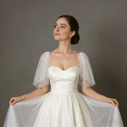 Pearl-Embellished Tulle Bridal Shoulder Cape & Oversleeves