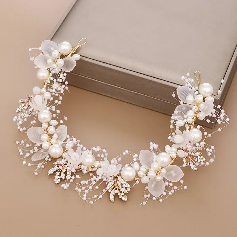Pearl Flower Crown Headband – Boho Bridal Crystal Headpiece