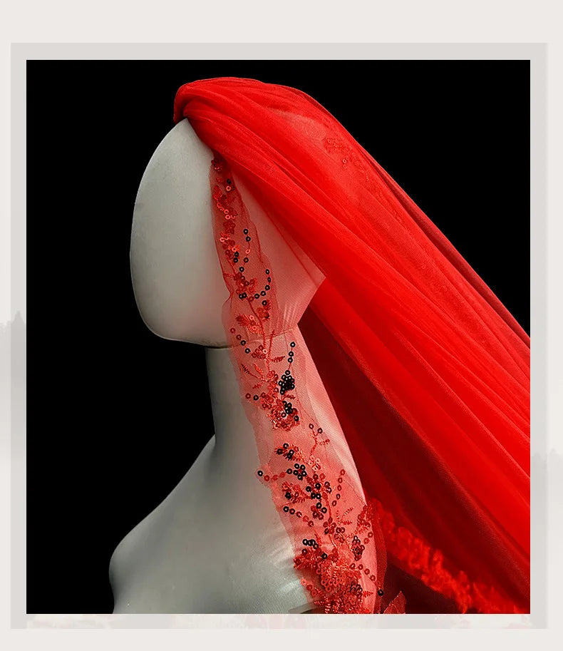 Saudi Arabia Red Wedding Veil 3.5m Long Bridal Veils 2026 Latest Tulle with Floral Applique
